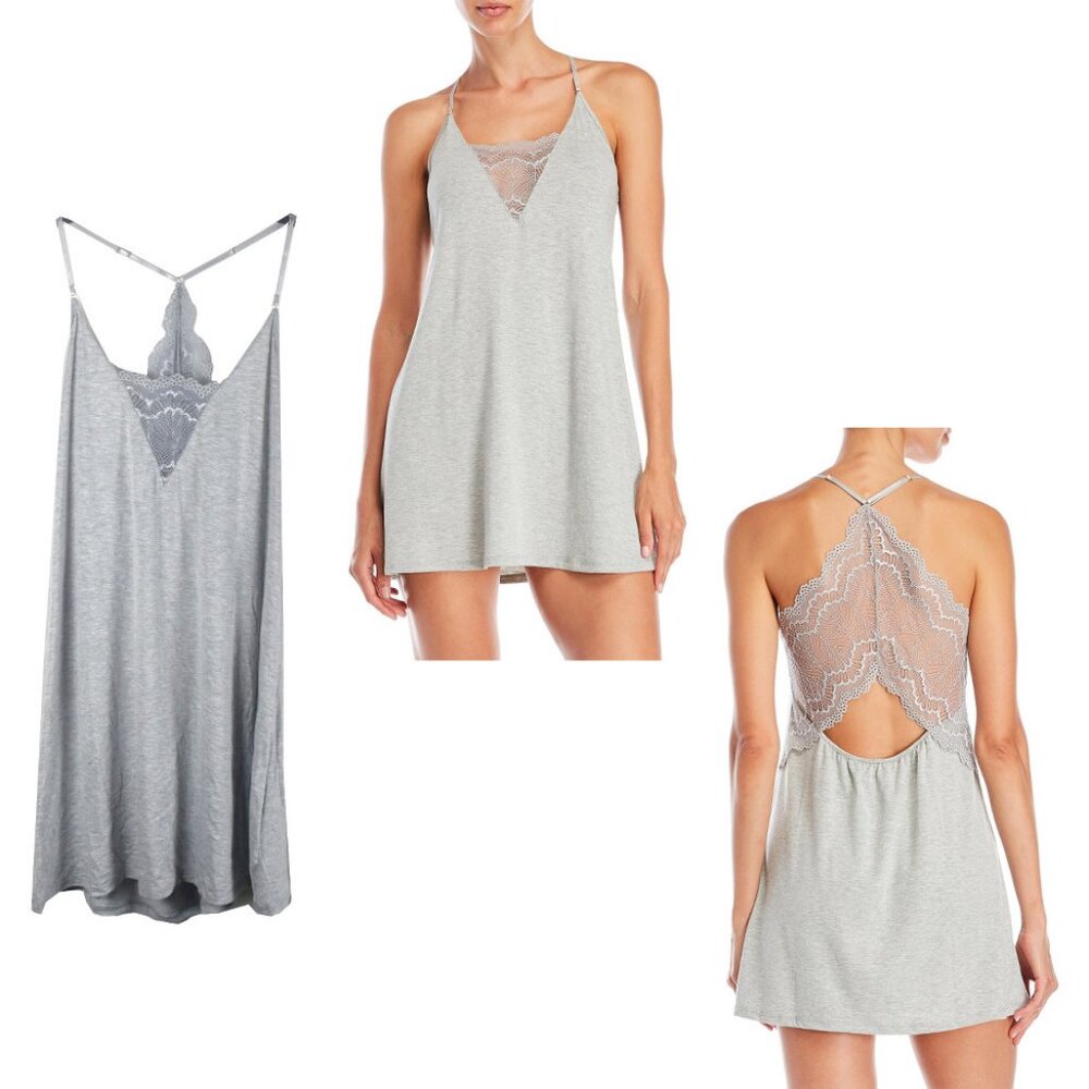 FLORA NIKROOZ Kat Lace Trim Knit Chemise Heather Gray Size S New R $48